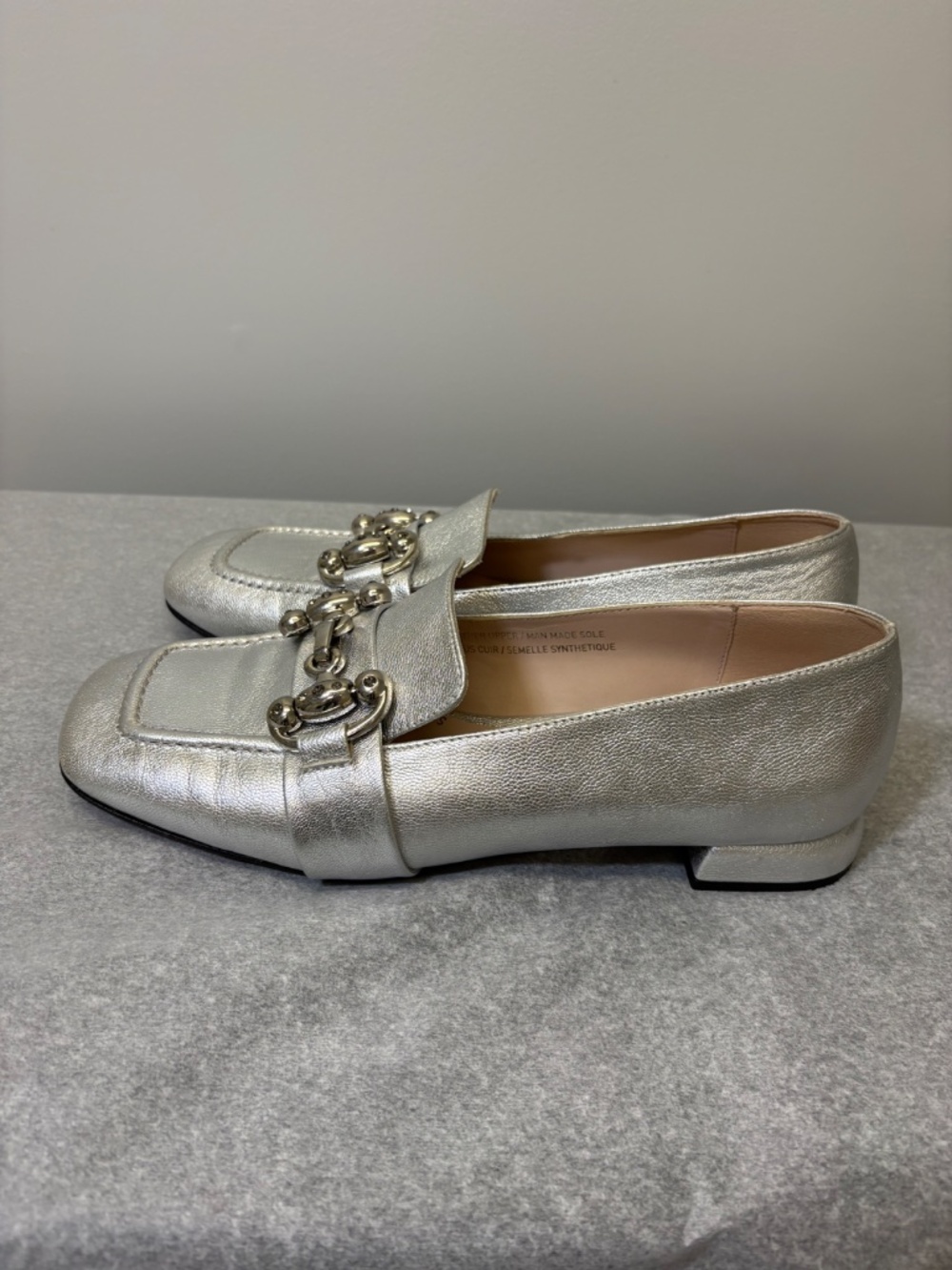 Renatta Spain Silver Metallic Leather Loafers, Square Driving Flat Shoes 39/8.5
